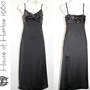 House of Harlow 1960 Sequined Black Satin Slip Dress Long New‎ Prom Ready